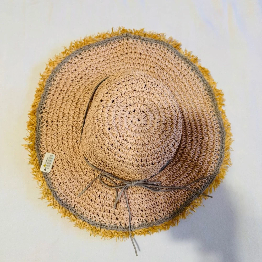 Sun Hat Tan‎ Pink Woven Paper Straw Wide Brim Fringed Edge Boho Beach Summer
